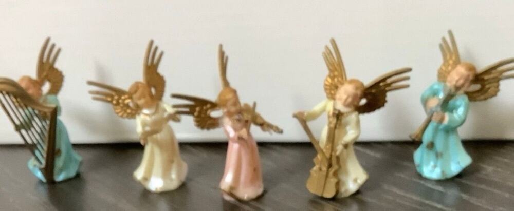 SET OF 5 Vintage Miniature Plastic Christmas Musician Angels Gold Accents